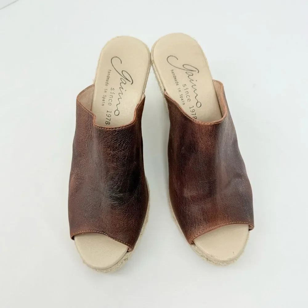 Gaimo Anthropologie GOSSA Brown Leather Open Toe Wedge Heel Espadrille Sandals